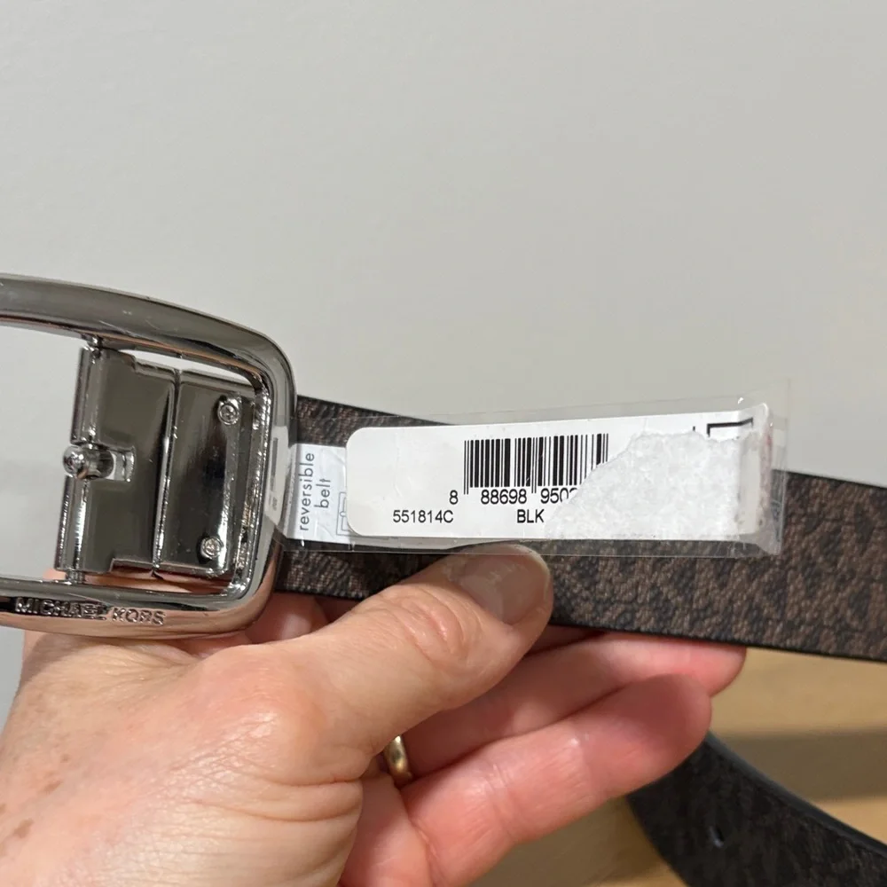 MICHAEL Michael Kors Black with Brown Reverse Logo-Print Belt with Silver Buckle - Picture 4 of 9